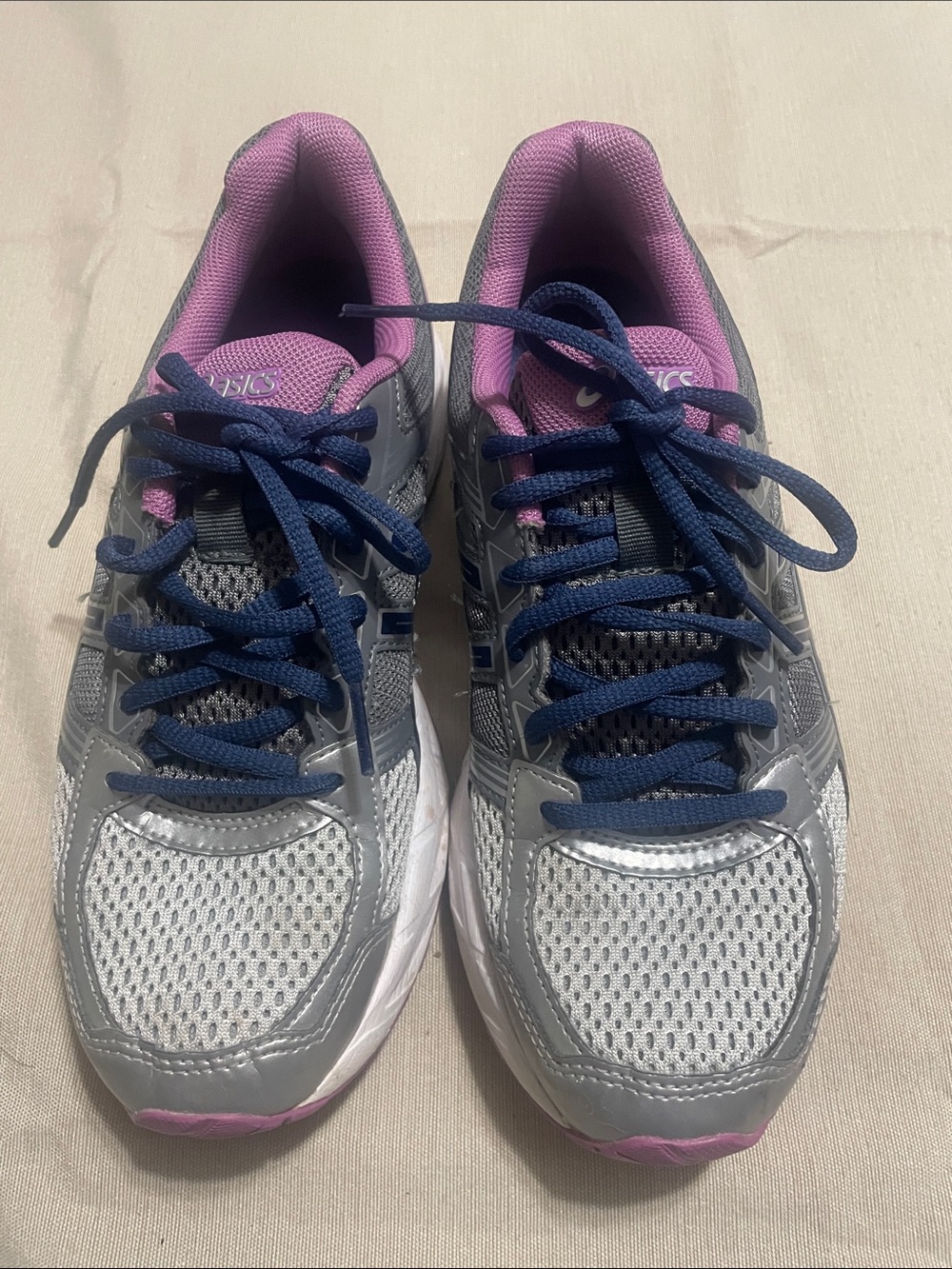 ASICS Ortholite Gray and Pink Women's Athletic Sneakers with Navy Laces  7.5